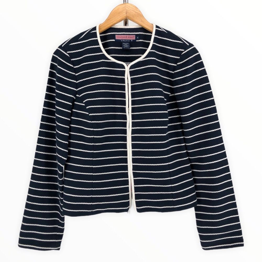 Vineyard Vines Navy White Striped Cotton Corded Trim Long Sleeve Jacket size 8